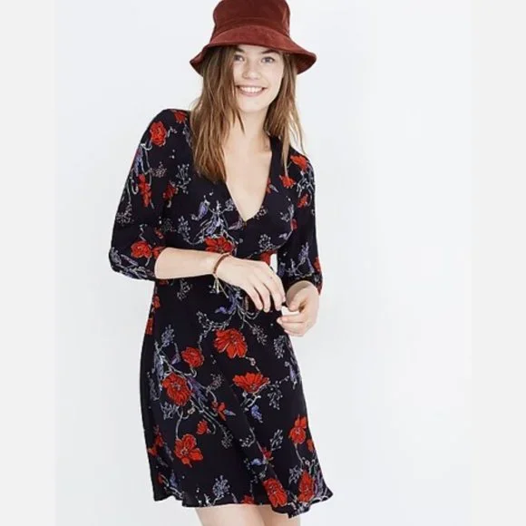 madewell silk floral dress Silk Ruffle-Neck Mini Dress